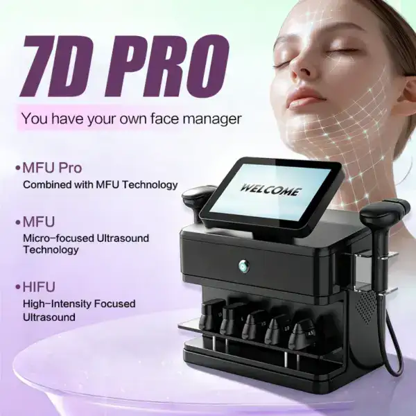 7D Pro MFU & HIFU machine for facial rejuvenation, featuring ultrasound technology for anti-aging treatments, with a woman receiving facial therapy.