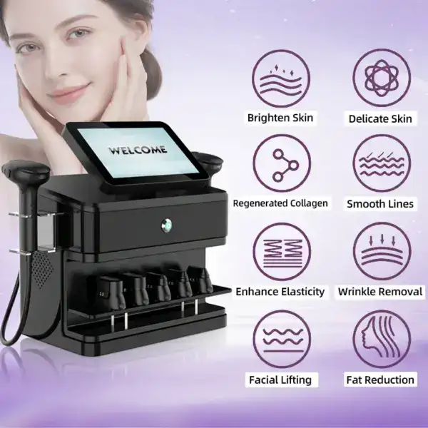 Advanced 7D Pro MFU & HIFU machine for anti-aging skin treatments with icons showing benefits like skin brightening, wrinkle removal, and fat reduction.