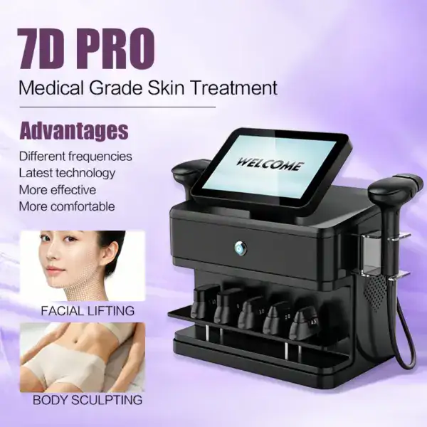 7D Pro MFU & HIFU machine for skin treatment, facial lifting, and body sculpting, featuring advanced technology for effective anti-aging results.