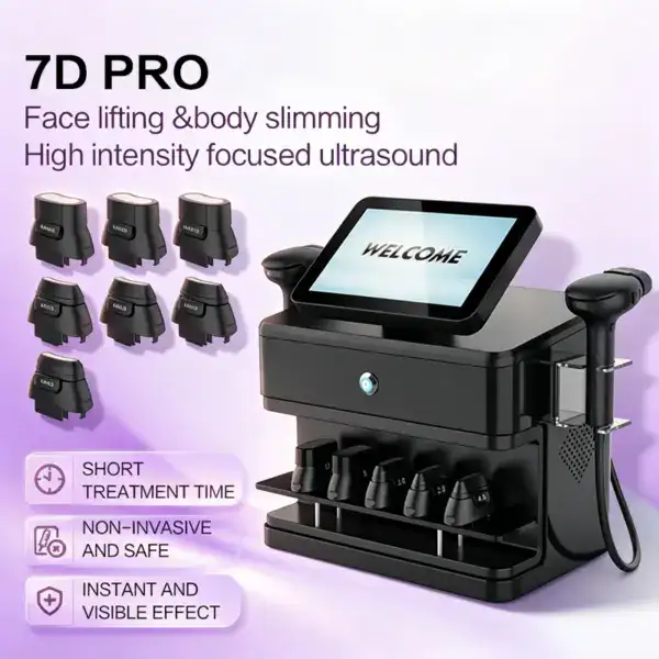 7D Pro MFU & HIFU machine for face lifting, body slimming, and high-intensity focused ultrasound treatments, featuring multiple applicators and a user-friendly touchscreen.