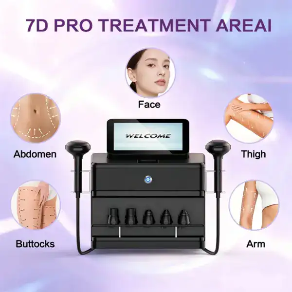 7D Pro MFU & HIFU machine for facial, abdomen, thigh, arm, and buttocks treatment, featuring a central screen and multiple applicators for non-invasive skin rejuvenation.