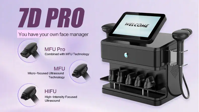 7D Pro MFU & HIFU machine with face manager, featuring MFU, HIFU, and MFU Pro technologies for anti-aging treatments.