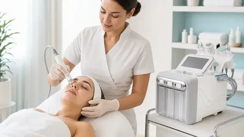 Skilled esthetician performing facial treatment using advanced multi-function beauty machine in a modern spa setting.