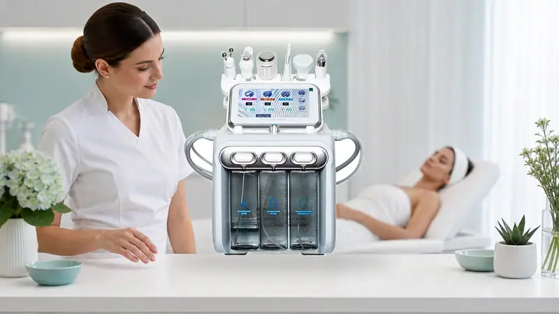 A professional skincare treatment device with multiple attachments in a spa setting, used for Hydra Dermabrasion and Aqua Facial treatments.
