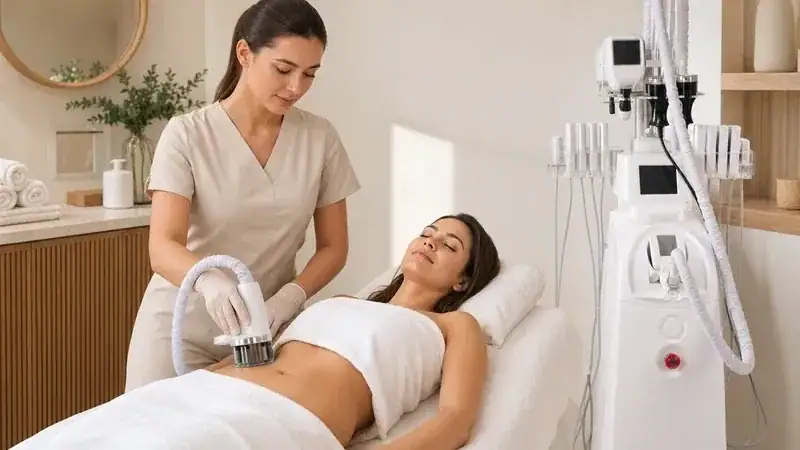 A professional esthetician performs a facial treatment on a woman using the OSANO multi-function beauty machine in a modern salon setting.