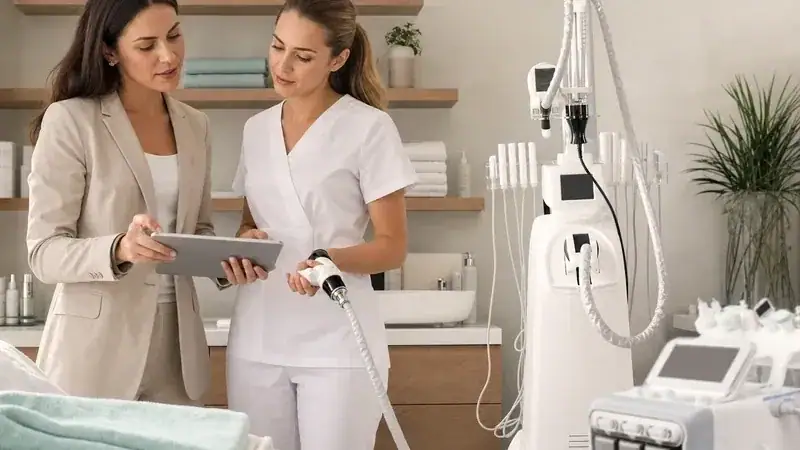 Two professionals discussing the OSANO 6-in-1 beauty machine in a modern salon setting, highlighting its multi-function capabilities for slimming and facial treatments.