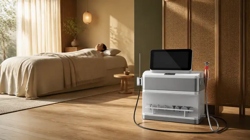 Modern Tecar therapy machine in a wellness clinic with a patient receiving treatment on a massage bed.