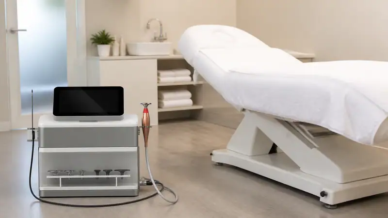 Modern medical treatment room featuring a Tecar therapy machine on a mobile cart next to an adjustable examination bed.