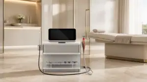 Modern Tecar therapy machine in a clinical setting with a treatment bed and natural lighting, used for physiotherapy and pain management.