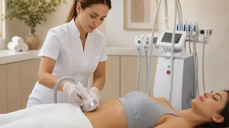 A professional technician performs ultrasonic cavitation treatment on a woman's abdomen using the S Shape Cavitation Machine for body sculpting.