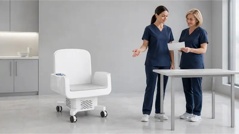 Two healthcare professionals in navy scrubs discussing patient care in a modern medical facility.