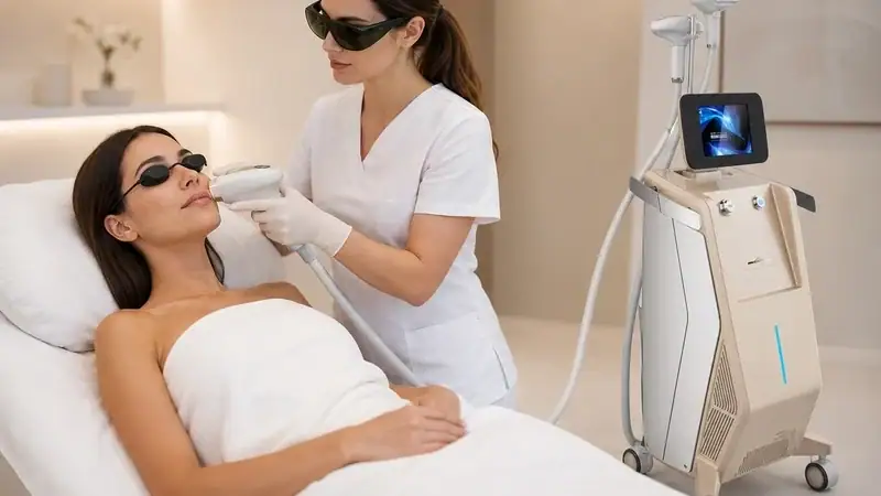 A skincare professional uses a facial machine on a woman patient in a clinic setting, focusing on skin treatment for wrinkles and pores.