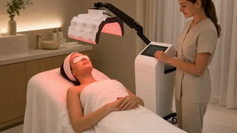 A woman receiving a facial treatment with a professional skin rejuvenation machine in a spa setting.