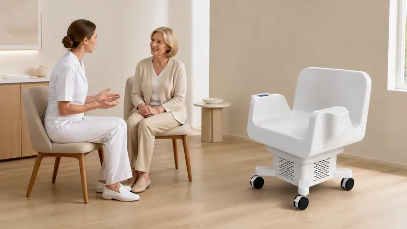 A healthcare professional consulting with an elderly patient in a clean, well-lit medical facility with a specialized medical chair nearby.