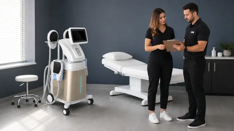 Two med spa professionals reviewing treatment plans with advanced aesthetic equipment in a modern clinic setting.