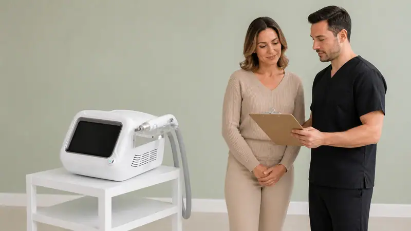 A med spa professional discusses treatment options with a client using a clipboard, with aesthetic equipment on a table nearby.