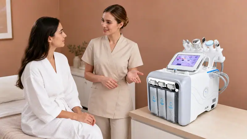 Two women discussing aesthetic equipment in a med spa setting with advanced devices on the table.