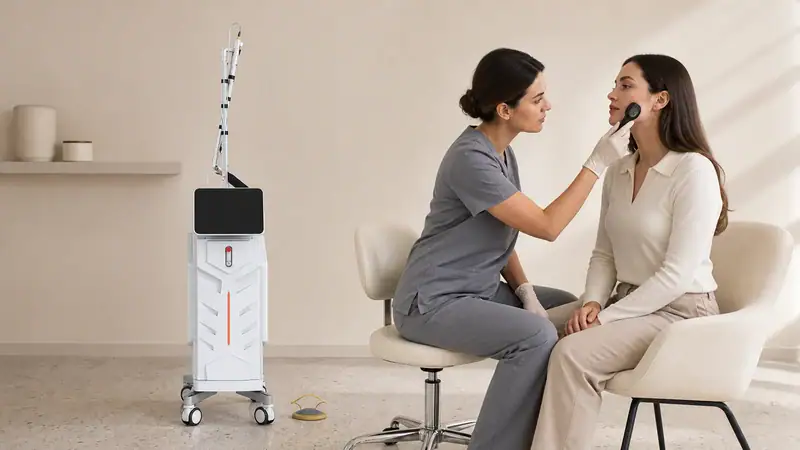 A healthcare professional conducts a medical consultation with a patient using advanced medical equipment in a modern clinic setting.