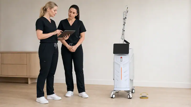 Two healthcare professionals discussing laser treatment procedures with a modern laser device in a clinical setting.
