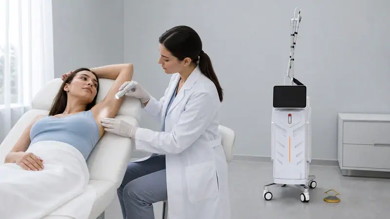 Medical professional performing laser treatment on a woman's underarm in a clinical setting for skin whitening and hair removal.