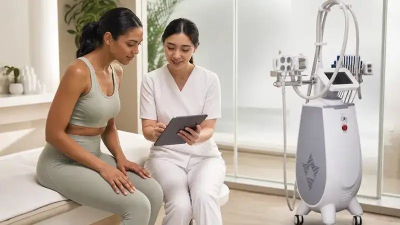 Two women in a clinic discussing the OSANO ultrasonic cavitation machine for body sculpting, with one woman sitting and the other showing information on a tablet.