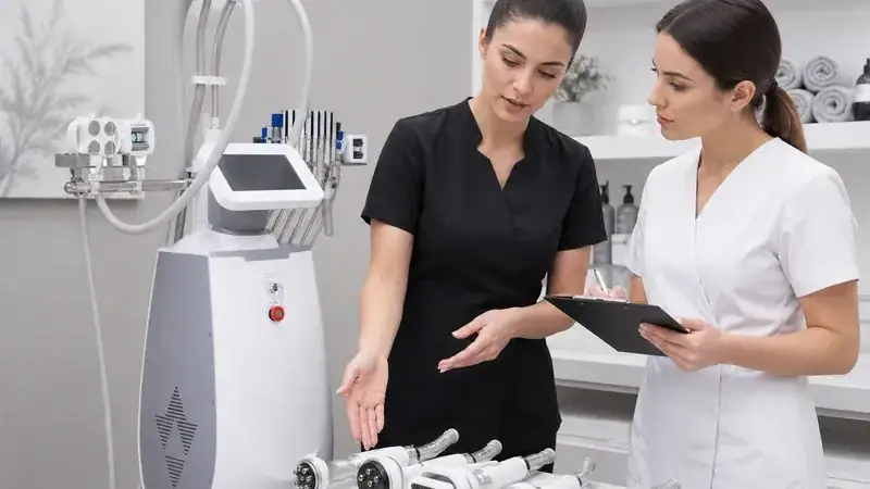 Two professionals demonstrating a 40K ultrasonic cavitation machine for body slimming and contouring in a modern clinic setting.