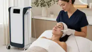 Skilled esthetician using a professional facial machine on a woman for skin rejuvenation and pore treatment in a spa setting.