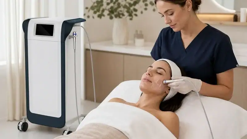 Skilled esthetician using a professional facial machine on a woman for skin rejuvenation and pore treatment in a spa setting.