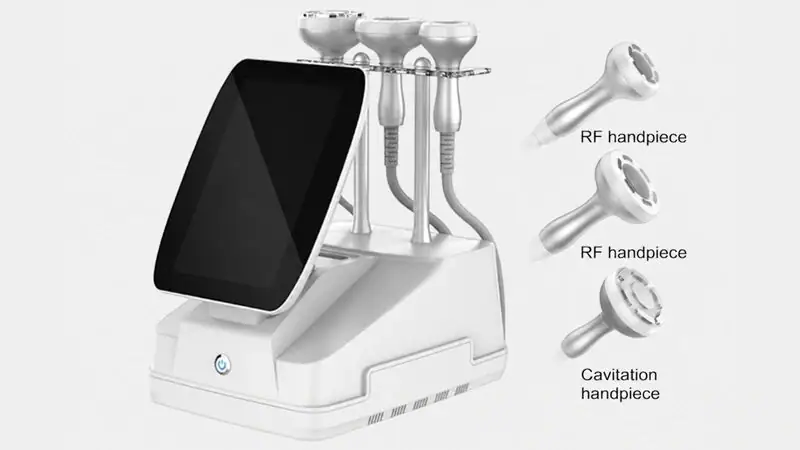 Medical fat reduction devices including RF handpieces and cavitation handpiece with a digital control screen for non-invasive body contouring.