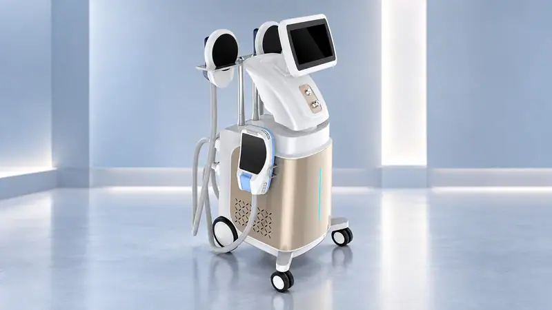 Advanced RF, Ultrasound & Microcurrent skin tightening device on a clean, modern treatment room floor.