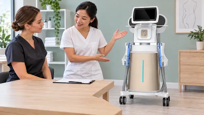 Two women discussing a body firming and skin tightening machine in a modern clinic setting, highlighting RF, ultrasound, and microcurrent technology.