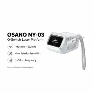 Osano NY-03 laser device for skin treatment with specifications for wavelength, pulse width, and frequency.