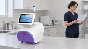 Medical professional reviewing a Piezo Wave Therapy Machine used for shockwave therapy treatments in a clinical setting.