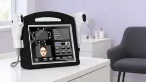 HIFU facial lifting device with control panel and handheld applicators on a white table in a modern clinic setting.